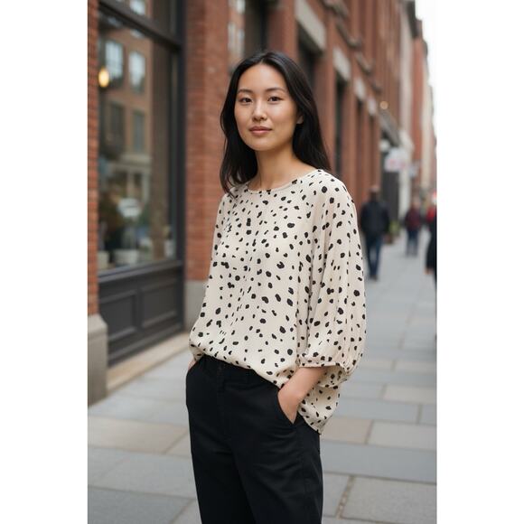 Papermoon Blouse Sz Large Beige with Black Spots Semi Sheer Top 3/4 Sleeve - Picture 2 of 8